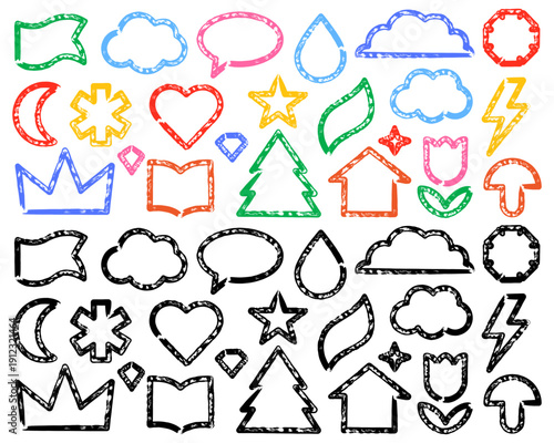 Marker hand drawn geometric icon set with clouds, heart, star, tree, house and weather symbols