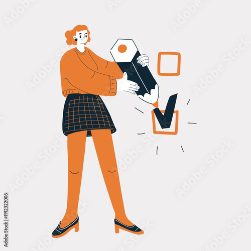 Cartoon vector illustration of a woman planting a flag on a giant checkbox, symbolizing decisive choices and personal victory