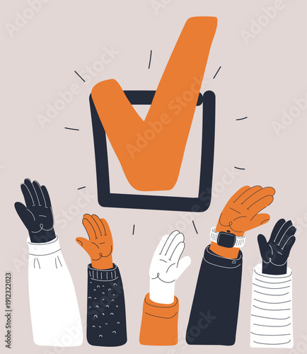 Cartoon vector illustration of raised hands forming a checkmark, symbolizing voting and elections