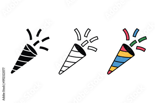 Party popper icons celebrate events with confetti bursts in solid, outline,.