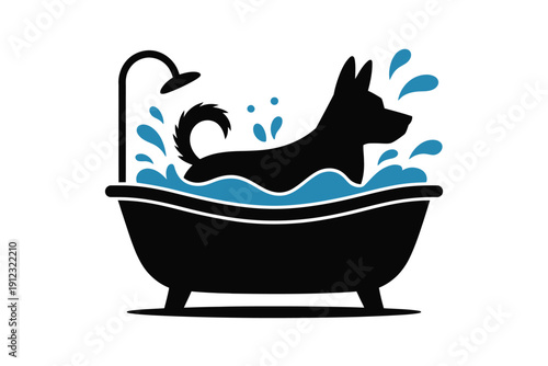 Black dog silhouette enjoys a bubbly bath inside a classic clawfoot bathtub.