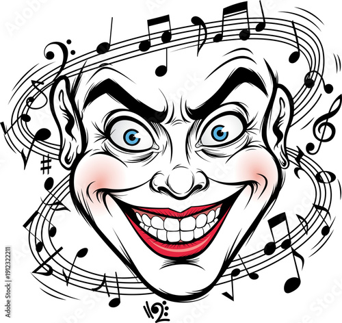 Expressive illustrated face surrounded by floating musical symbols - Crazy Musical Joker Face with Notes Vector T-Shirt Vector design