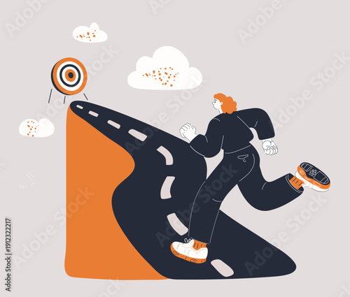 Cartoon vector illustration of woman running on a winding road, symbolizing progress, effort, and personal growth
