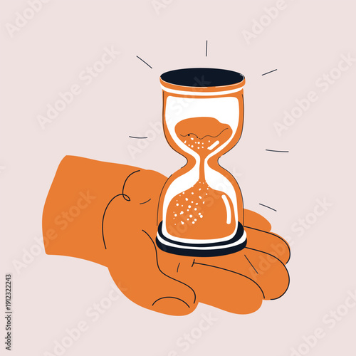 Vector illustration of hand holding hourglass, symbolizing time, patience, and life balance