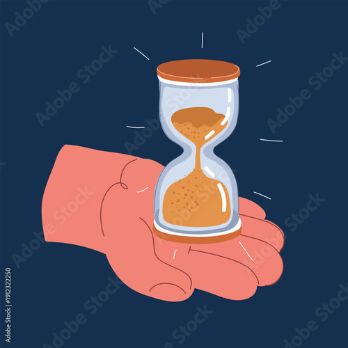 Cartoon vector illustration of a hand holding an hourglass, symbolizing the passage of time, patience, and maintaining balance in life