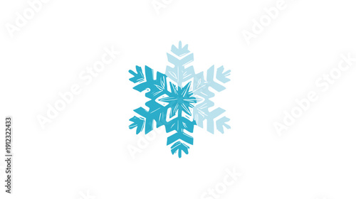 A stylized snowflake in shades of blue is centered on a white background. It suggests winter