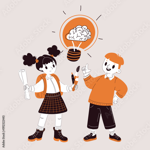 Cartoon vector illustration of a schoolboy and schoolgirl creating ideas with a light bulb containing a brain as a symbol of creativity, learning, and imagination in class