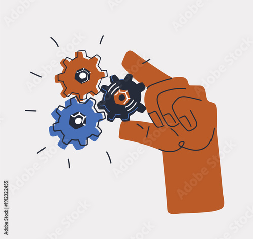 Cartoon vector illustration of a hand with gears as a metaphor for teamwork, productivity, and innovation