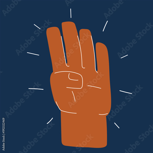 Cartoon vector illustration of hand with four fingers, symbolizing preparation, readiness, and anticipation over dark background