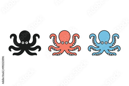 Three stylized octopus icons show variations in color: black, coral, and blue.