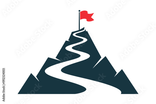 Winding pathway leads to the summit of a dark mountain peak topped with a red.