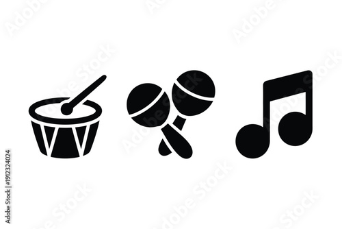 Musical icons representing rhythm and melody including a drum, maracas,.
