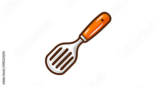 A cartoon-style kitchen spatula with an orange handle and slotted cooking surface