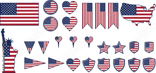 Vector, set, of, American, flag, icons, featuring, United, States, banners, hearts, stars, shields, map, and, Statue, of, Liberty, silhouette, for, patriotism.