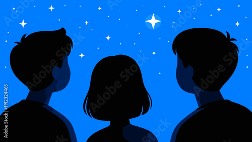 Three children gazing at stars in a night sky background  