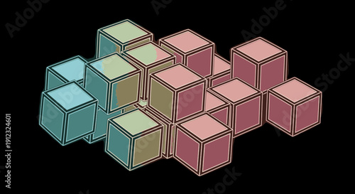Abstract three dimensional cube arrangement with various color blocks against a dark backdrop representing structure and shape geometry and design