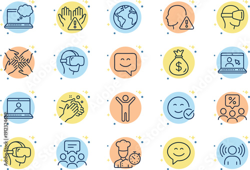 Vector, set, of, modern, thin, line, icons, representing, virtual, reality, business, communication, 