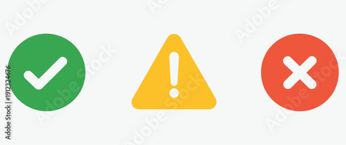 Check mark, warning sign, and cross symbol icons, featuring approval, denial, caution alerts, error notifications, task status indicators