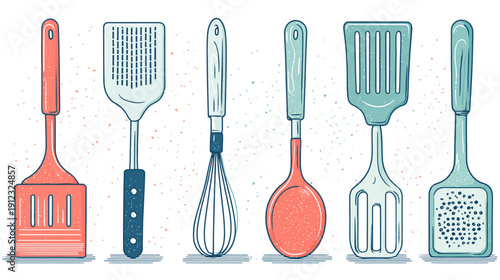 Illustration of several kitchen utensils in different shapes and colors, all with a vintage feel