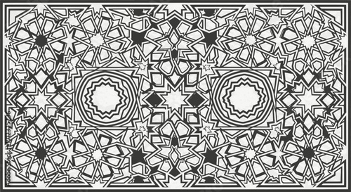 Geometric ornamental pattern design with symmetrical shapes creating a detailed and balanced abstract composition for various uses like textile or