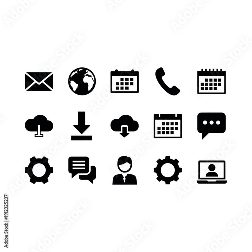 Black icons of business communication and technology on white background