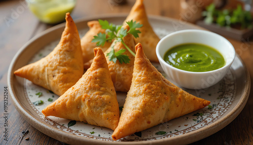 Crispy chicken samosas served with green chutney for Iftar