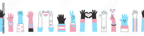 Transgender hands seamless banner, awareness and visibility. Cisgender and genderqueer silhouettes with trans flag colors and symbols. Diversity concept.