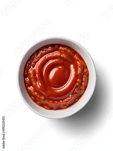 Isolated image of a white bowl filled with ketchup or tomato paste on a transparent background. Ideal for food packaging, menus, cooking blogs, and culinary advertising.