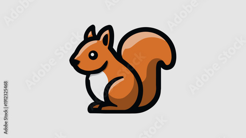 A side view cartoon illustration of a cute squirrel, brown fur, white chest, sitting, with a fluffy tail