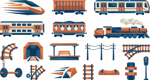 Collection of stylized pixel art transportation icons featuring various trains and rail accessories