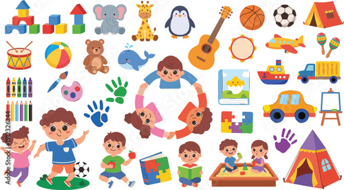 Diverse group of pixel art children playing with educational toys and learning materials