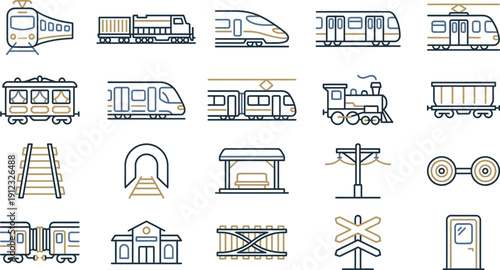 Collection of pixel art icons representing various trains, railroad tracks, and transit elements