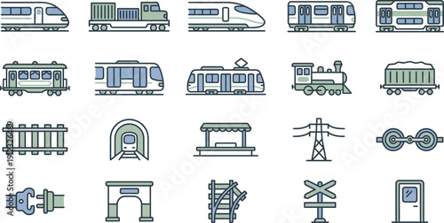 Collection of pixel art icons representing various types of trains, rail cars, and transportation infrastructure.
