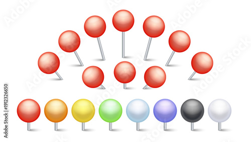 Realistic 3D Plastic Push Pin Set – Red Map Pin with Shadow, Red, Yellow, Orange, Green, Blue, Purple, White and White Plastic Head Set Isolated on Transparent Background Vector Illustration