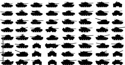 Tank war army silhouettes set, large pack of vector silhouette design, isolated white background