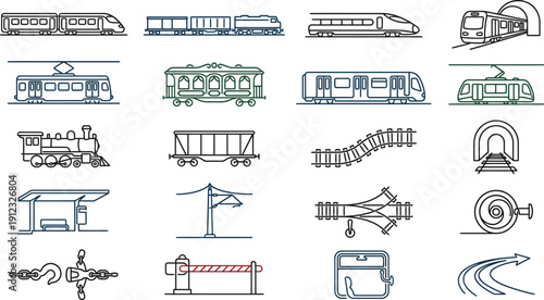 Collection of stylized vector icons representing various types of trains, railcars, and railway elements.