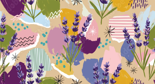 Lavender Floral Botanical Collage Pattern with Abstract Paper Cutouts and Purple Flowers on Kraft Beige Background for Scrapbooking