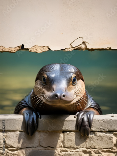 Wildlife, platypus peeking behind a wall, Banner for design with copy space
