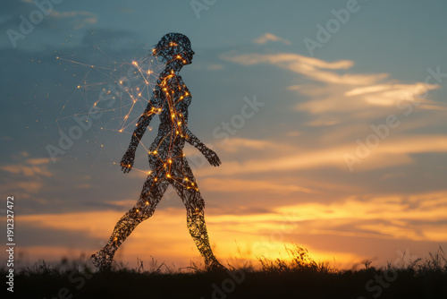 Woman Walking at Sunrise, Glowing Digital Skin Connections, Nature Scene, Serene Mood, Futuristic Concept.