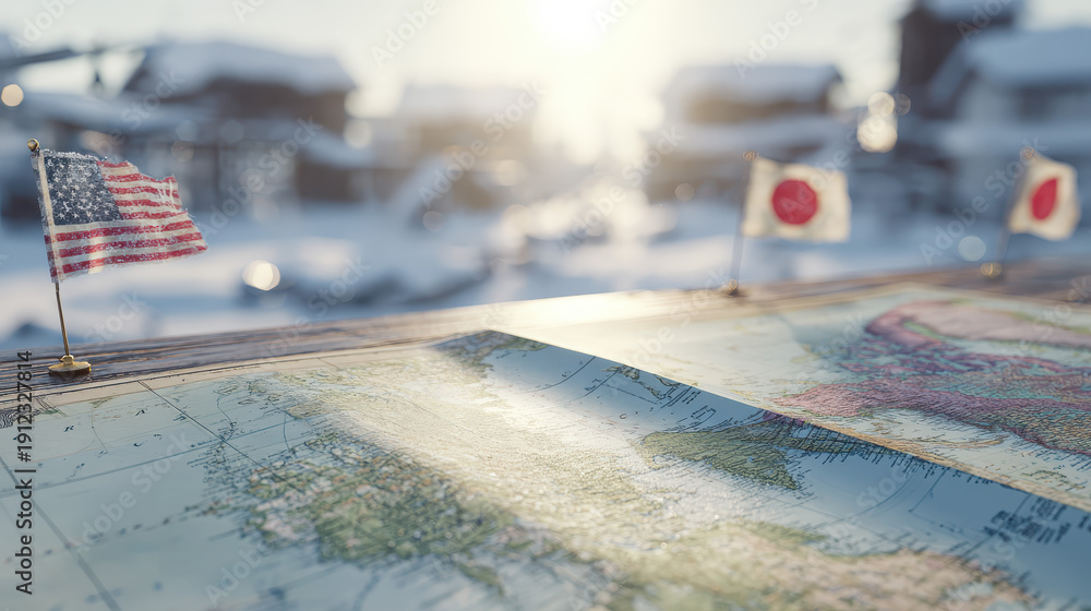 Naklejka premium Vintage Map of Greenland's Adventure: American and Japanese Flags Fly Over a Military Base