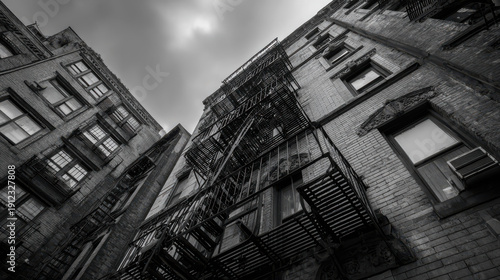 Moody Black-and-White NYC Tenement with Fire Escape: Cinematic Urban Architecture for Dramatic Projects
