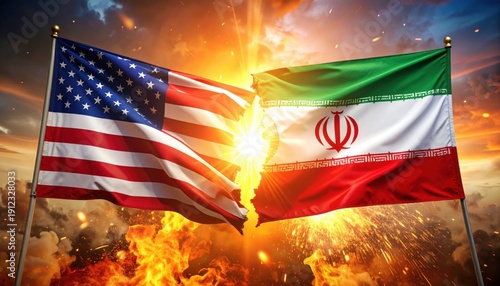 Flags of the United States and Iran Symbolizing Political Tension Against a Fiery Background