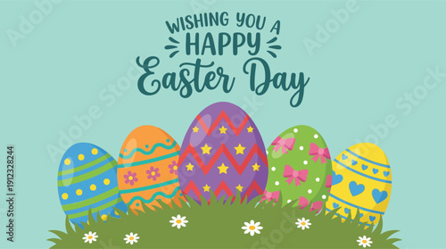 Festive illustration wishing everyone a very happy Easter day celebration with colorful decorated eggs.