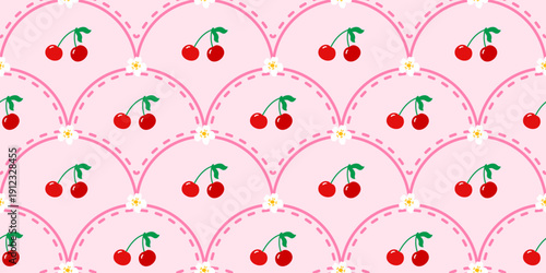 Cute cherry seamless background with floral details. Ideal for kawaii wallpapers, spring fabrics, and charming dessert packaging