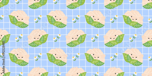 Seamless cute cauliflower pattern with soft green florets on a pastel gingham grid. Designed for nursery textiles, kitchen decor, and playful organic food packaging