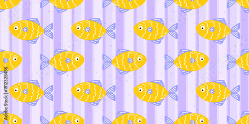 Seamless pattern with tropical fish and coral on lilac background. Playful underwater design for kids textiles, wrapping paper, and summer beach themes