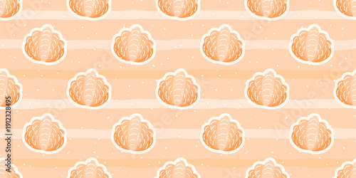 Vector seamless pattern with beige sea shells on a soft beige background. Minimal and modern marine design perfect for summer textiles, wrapping paper, and beach-themed decor