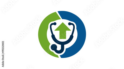 A stylized medical symbol featuring a stethoscope encircling a green arrow against a segmented circle