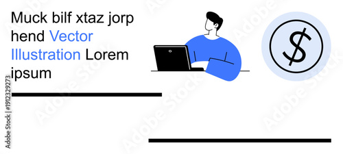 Financial planning, online services, workplace tasks, productivity, budgeting, business. Person at laptop with dollar icon. Financial planning and online services concept