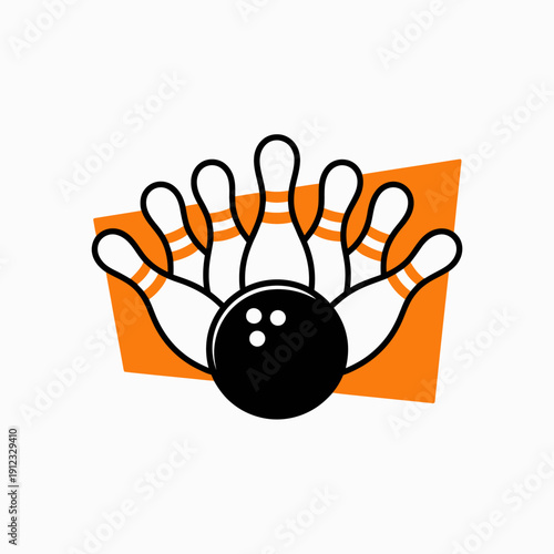 A graphic depiction of a bowling ball about to hit several pins.